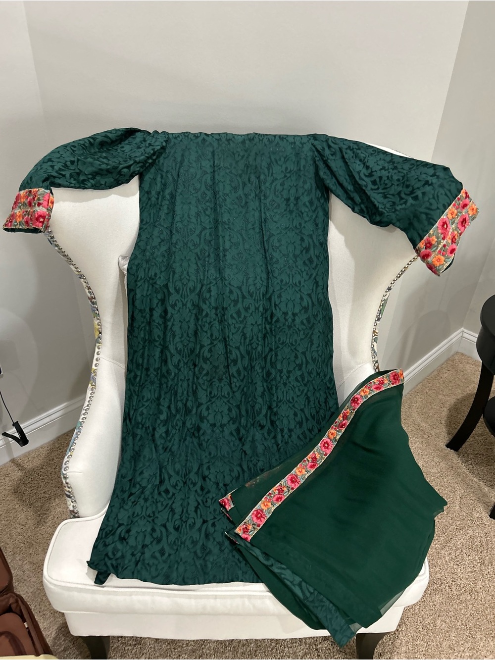 Dark Green Women's Embroidered Cuff Dress